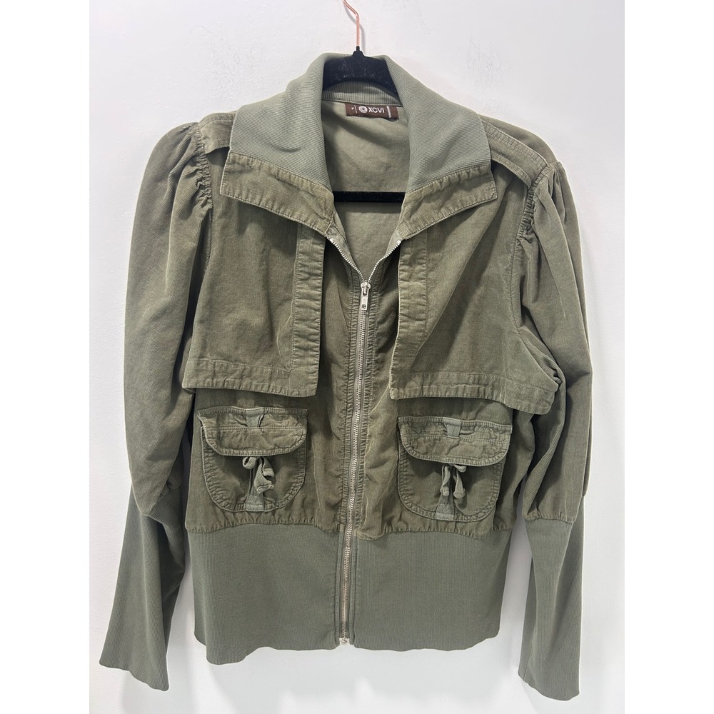 XCVI Women Olive Green Corduroy Utility Jacket Puff Sleeve Zip Up Size Large